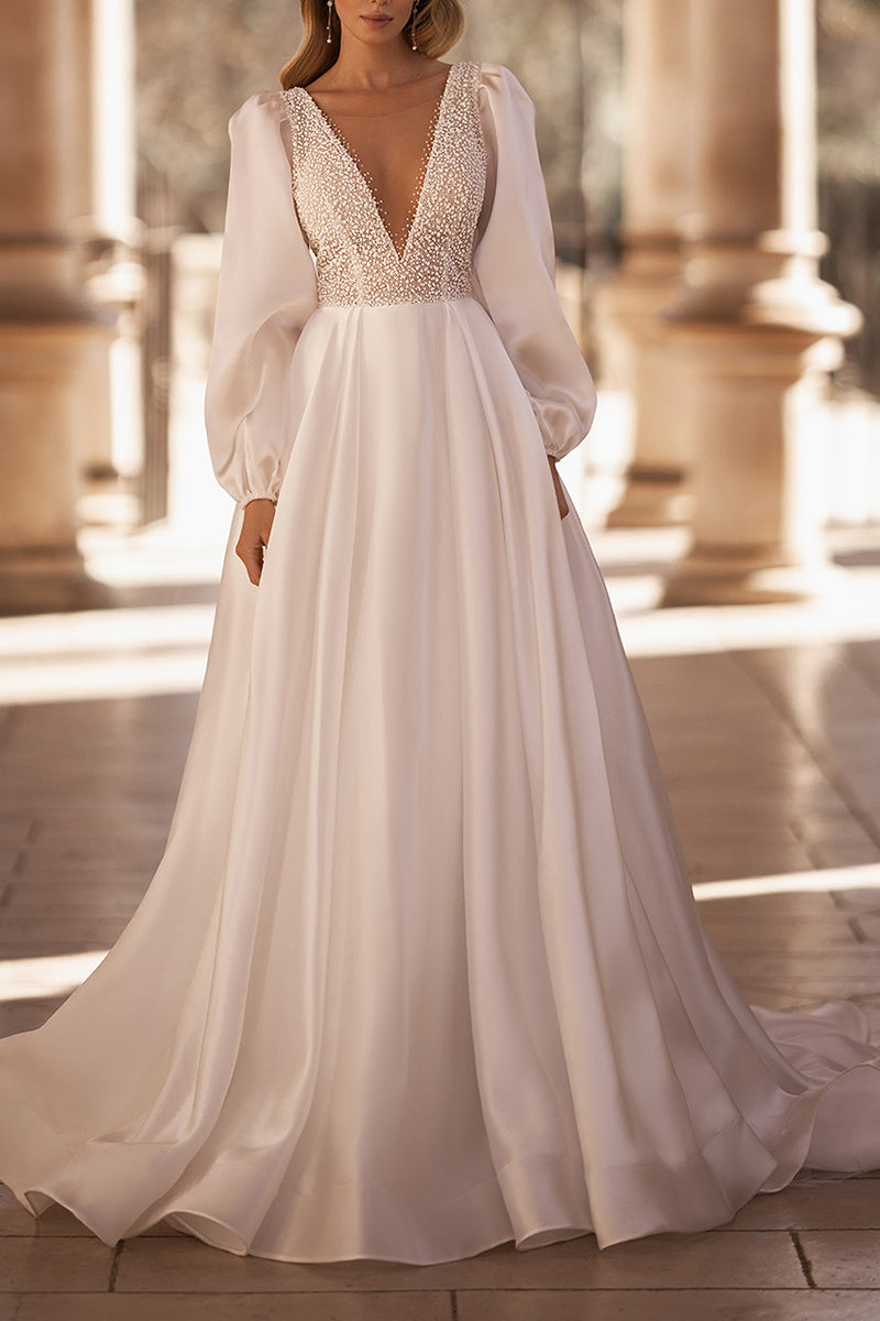 A Line Illusion V Neck Luxury Pearls Long Sleeves Rustic Wedding Dress QW0856 Custom Size / White A Line Illusion V Neck Luxury Pearls Long Sleeves Rustic Wedding Dress QW0856 Custom Size / White
