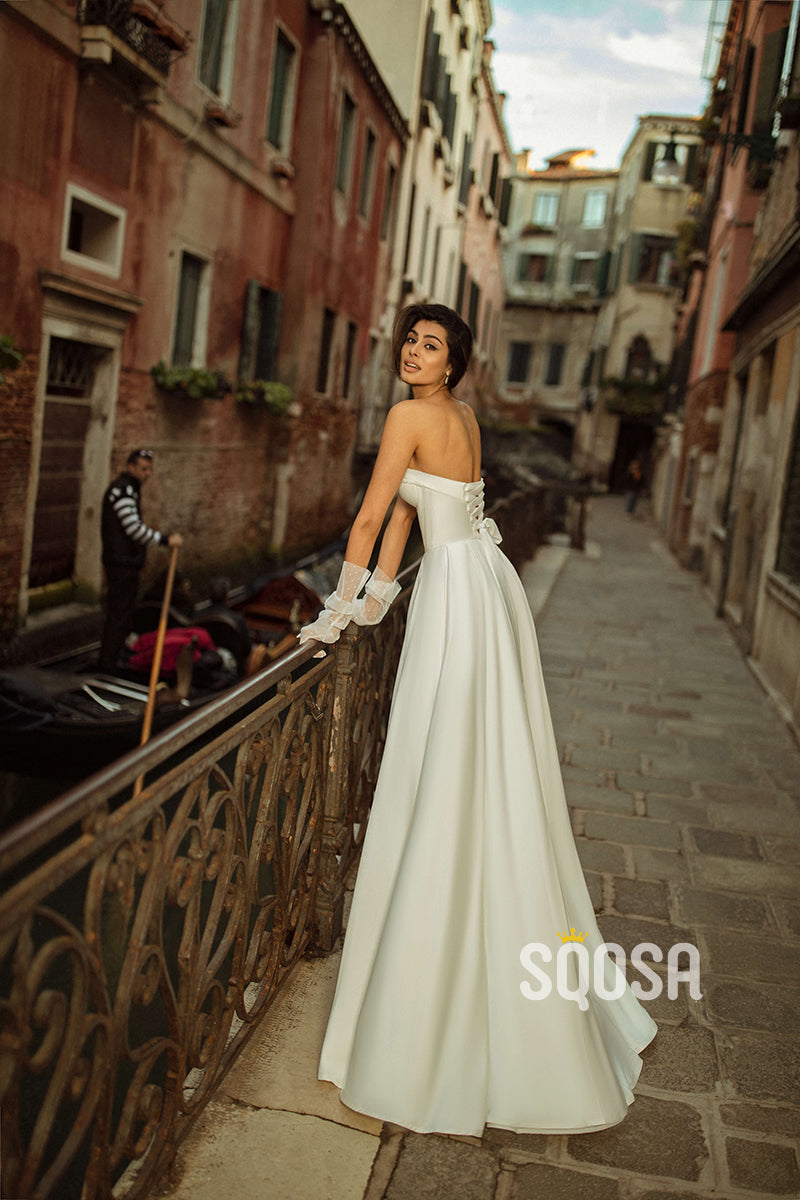 A Line Strapless Satin Elegant Simple Wedding Dress QW2402