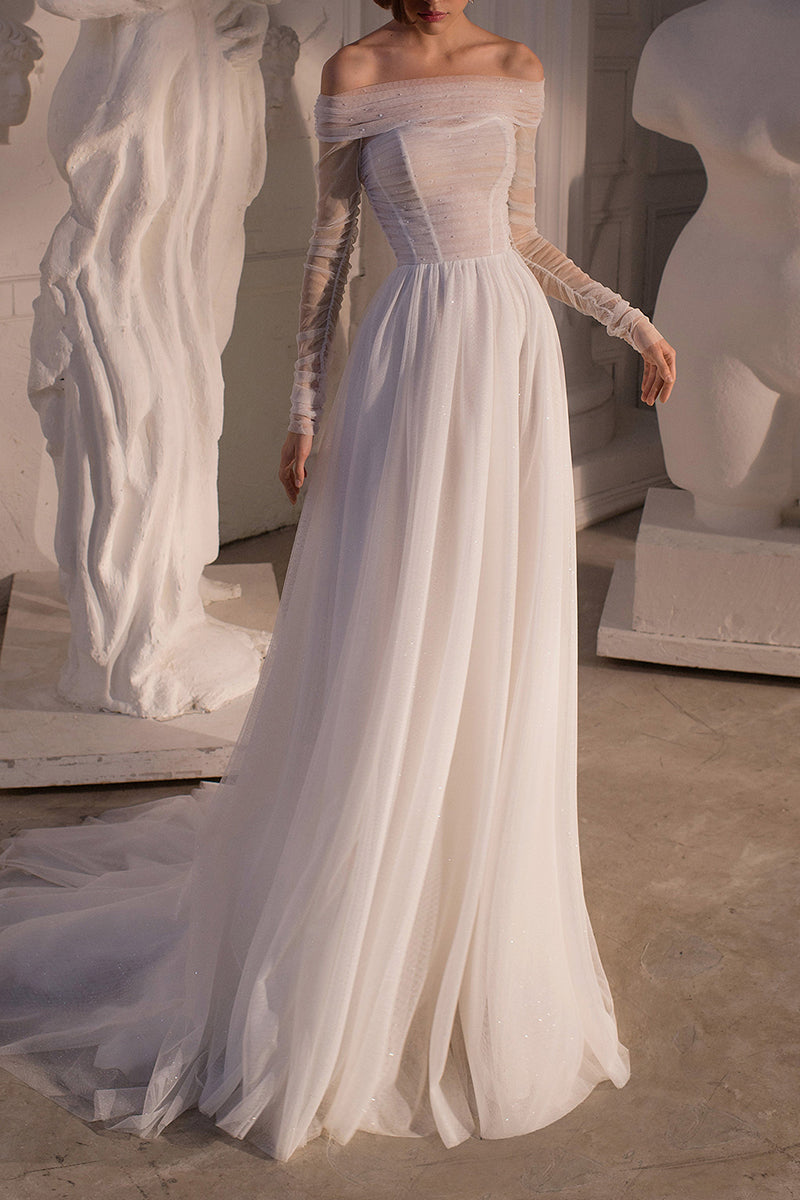 A line Strapless Pearls Long Sleeves Beach Wedding Dress with Sweep Train QW2168 Custom Size / Ivory
