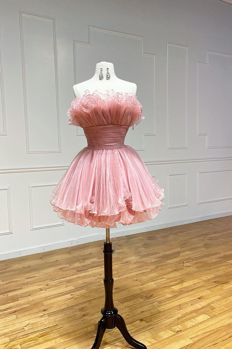 A Line Strapless Tulle Ruffles Pink Short Homecoming Dress QH2518 US14 / Pink A Line Strapless Tulle Ruffles Pink Short Homecoming Dress QH2518 US14 / Pink