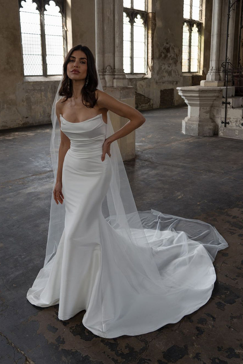 Chic Strapless Satin Pleats Mermaid Wedding Dress with Detachable Skirt QW2203 US14 / Ivory Chic Strapless Satin Pleats Mermaid Wedding Dress with Detachable Skirt QW2203 US14 / Ivory