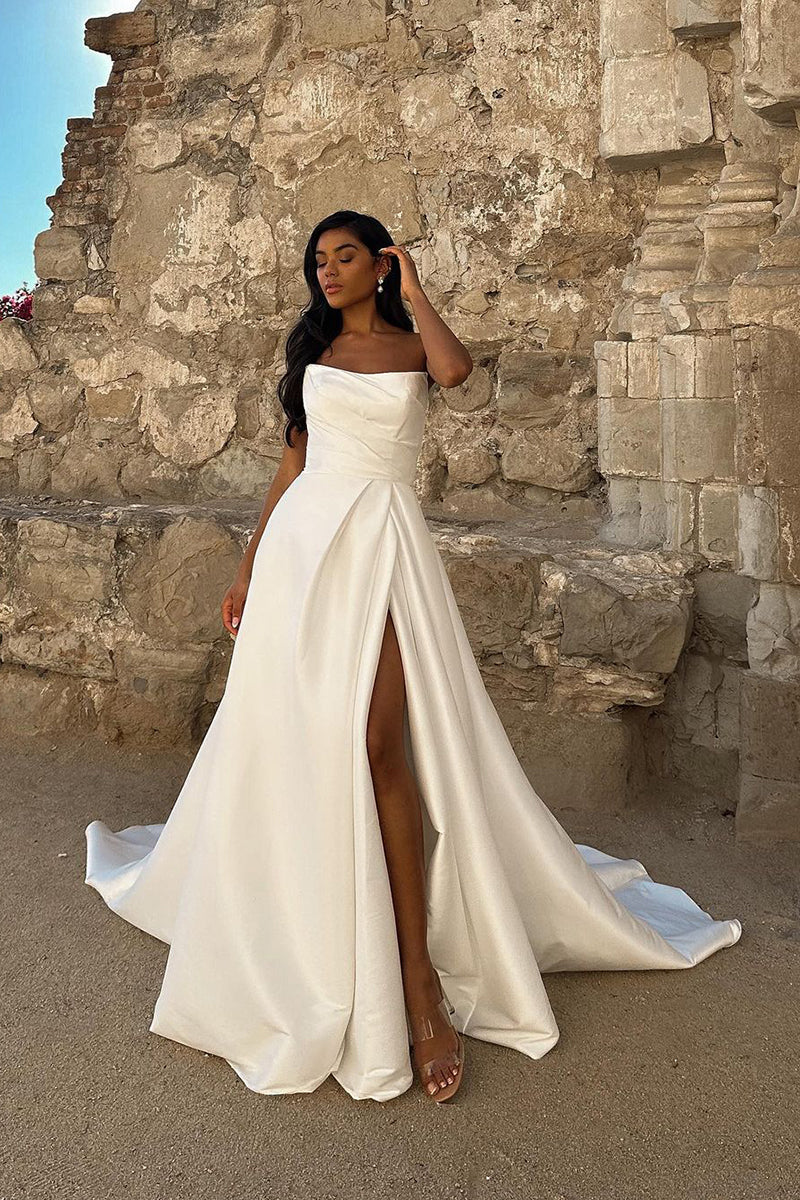 Chic Satrpless Ivory Satin Simple Wedding Dress with Slit QW2226 US10 / Custom Color Chic Satrpless Ivory Satin Simple Wedding Dress with Slit QW2226 US10 / Custom Color