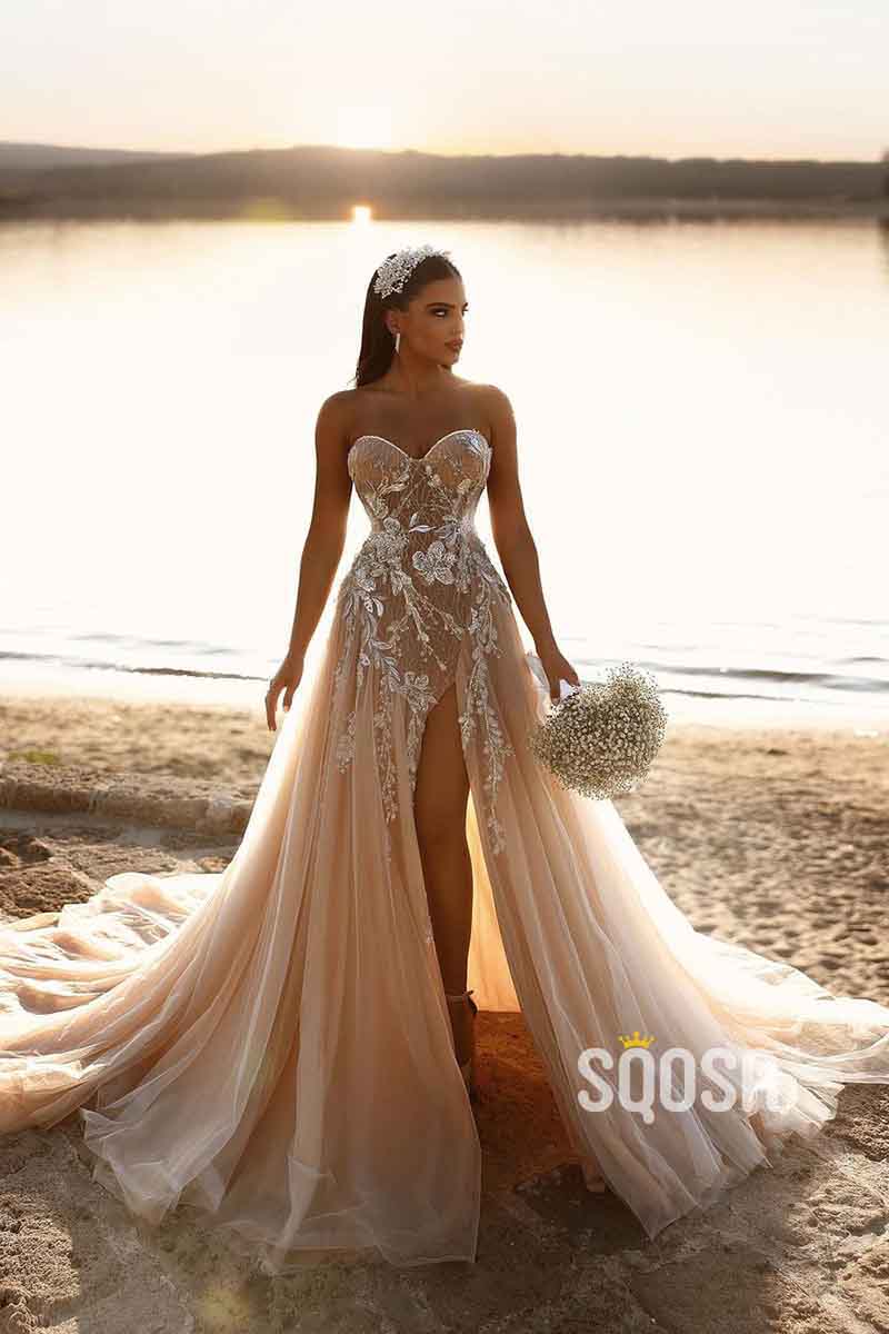 A Line Sweetheart Romantic Lace Appliques Elegant Wedding Dress with Slit QW2525 US10 / As Picture A Line Sweetheart Romantic Lace Appliques Elegant Wedding Dress with Slit QW2525 US10 / As Picture