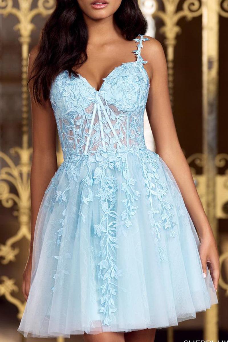 A line V Neck Lace Appliques Short Homecoming Graduation Dress QH2337 US6 / As Pic A line V Neck Lace Appliques Short Homecoming Graduation Dress QH2337 US6 / As Pic
