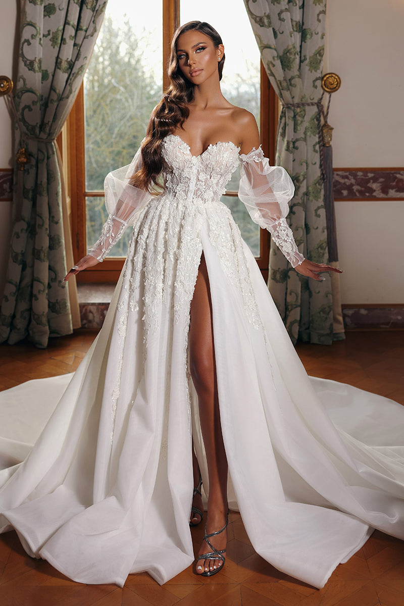 A line Sweetheart Lace Appliques Long Sleeves Rustic Wedding Dress