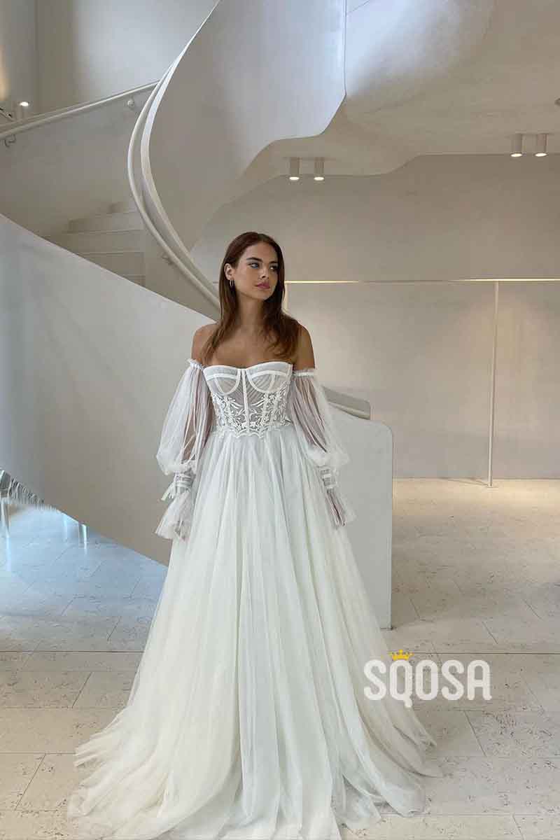 A line Sweetheart Long Sleeves Tulle Elegant Wedding Dress with Slit QW2522