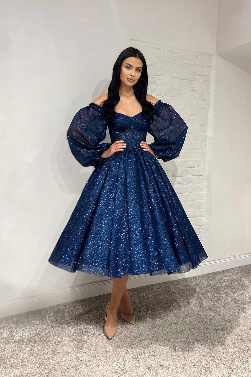 A Line V neck Long Sleeves Sparkly Prom Dress Short Homecoming