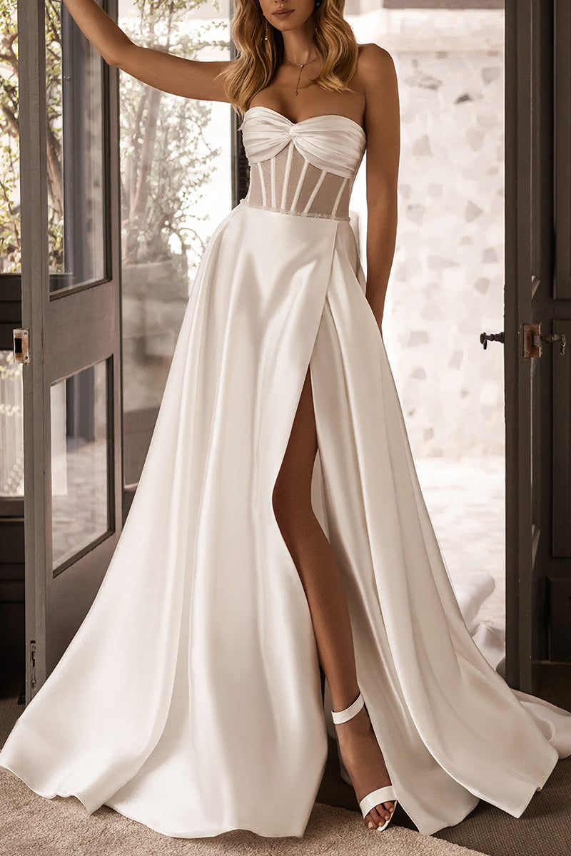 Sweetheart Strapless Satin Wedding Dress with Pockets