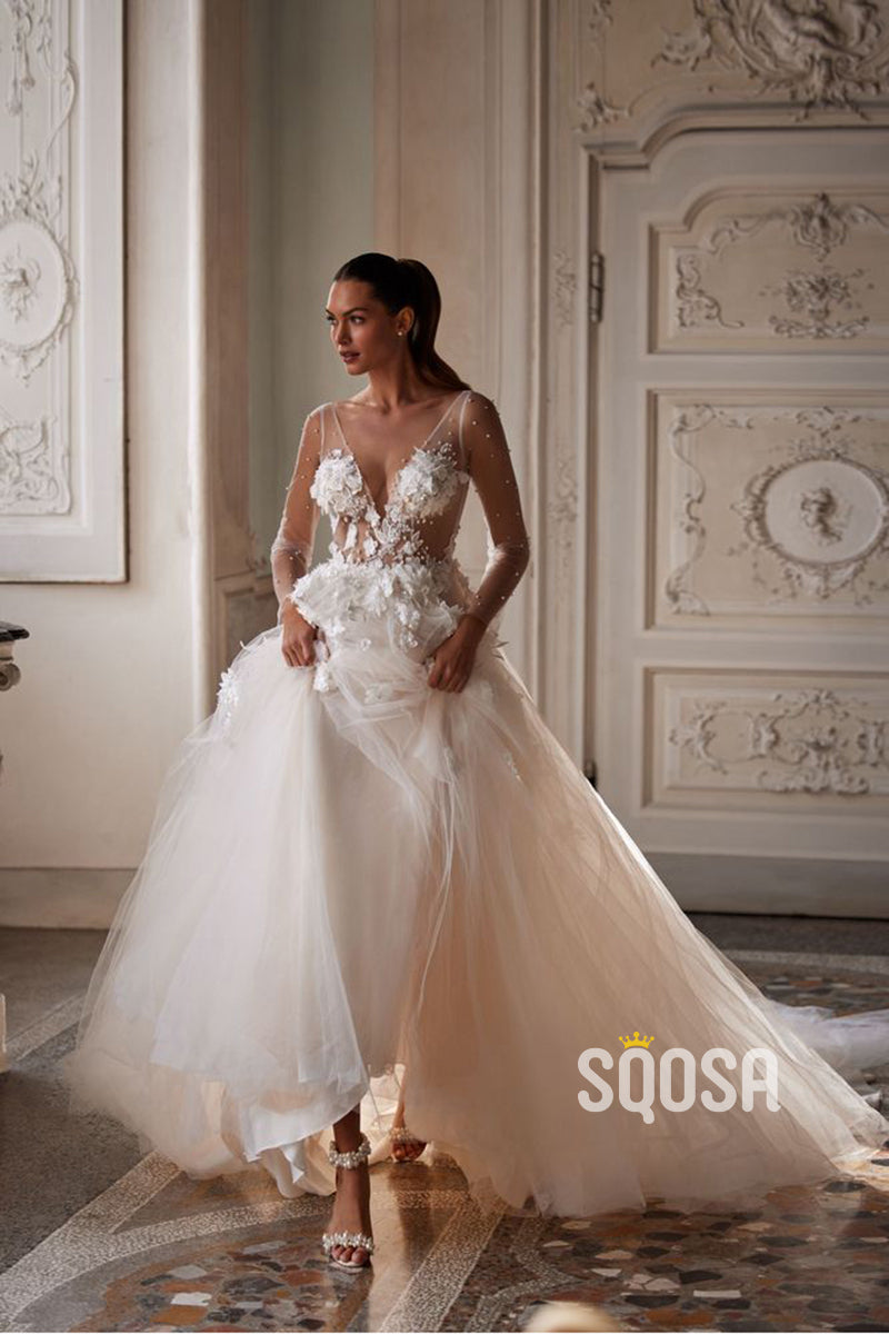 A Line Deep V neck 3D Lace Long Sleeves Romantic Wedding Dress with Court Train QW2227 Custom Size / Ivory A Line Deep V neck 3D Lace Long Sleeves Romantic Wedding Dress with Court Train QW2227 Custom Size / Ivory