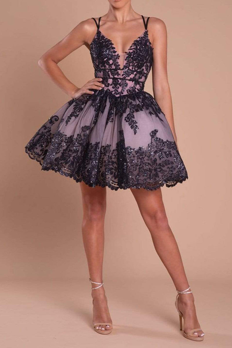 A Line Deep V Neck Black Lace Appliques Cute Homecoming Dress Short Party Gown QH2364 US4 / As Pic A Line Deep V Neck Black Lace Appliques Cute Homecoming Dress Short Party Gown QH2364 US4 / As Pic