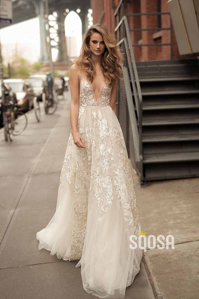 A line Illusion Neckline Lace Appliques Boho Wedding Dress QW2143