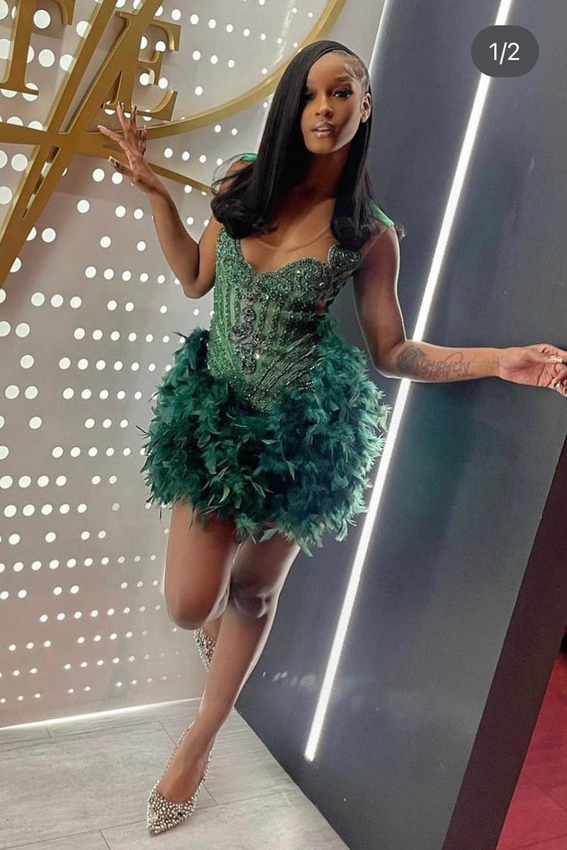 Illusion V Neckline Heavy Beads Feathers Short Party Dress Homecoming Dress for Black Women QH2511