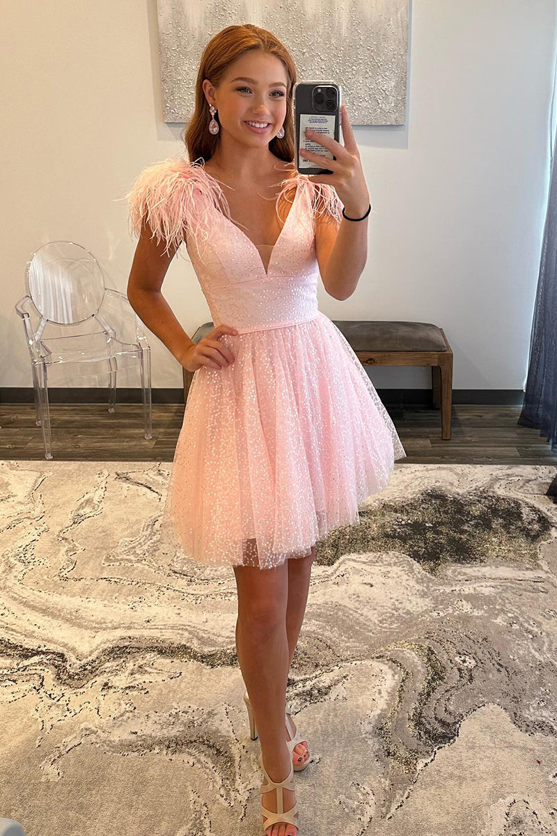A Line V Neck Feathers Pink Cute Homecoming Dress QH2316 A Line V Neck Feathers Pink Cute Homecoming Dress QH2316