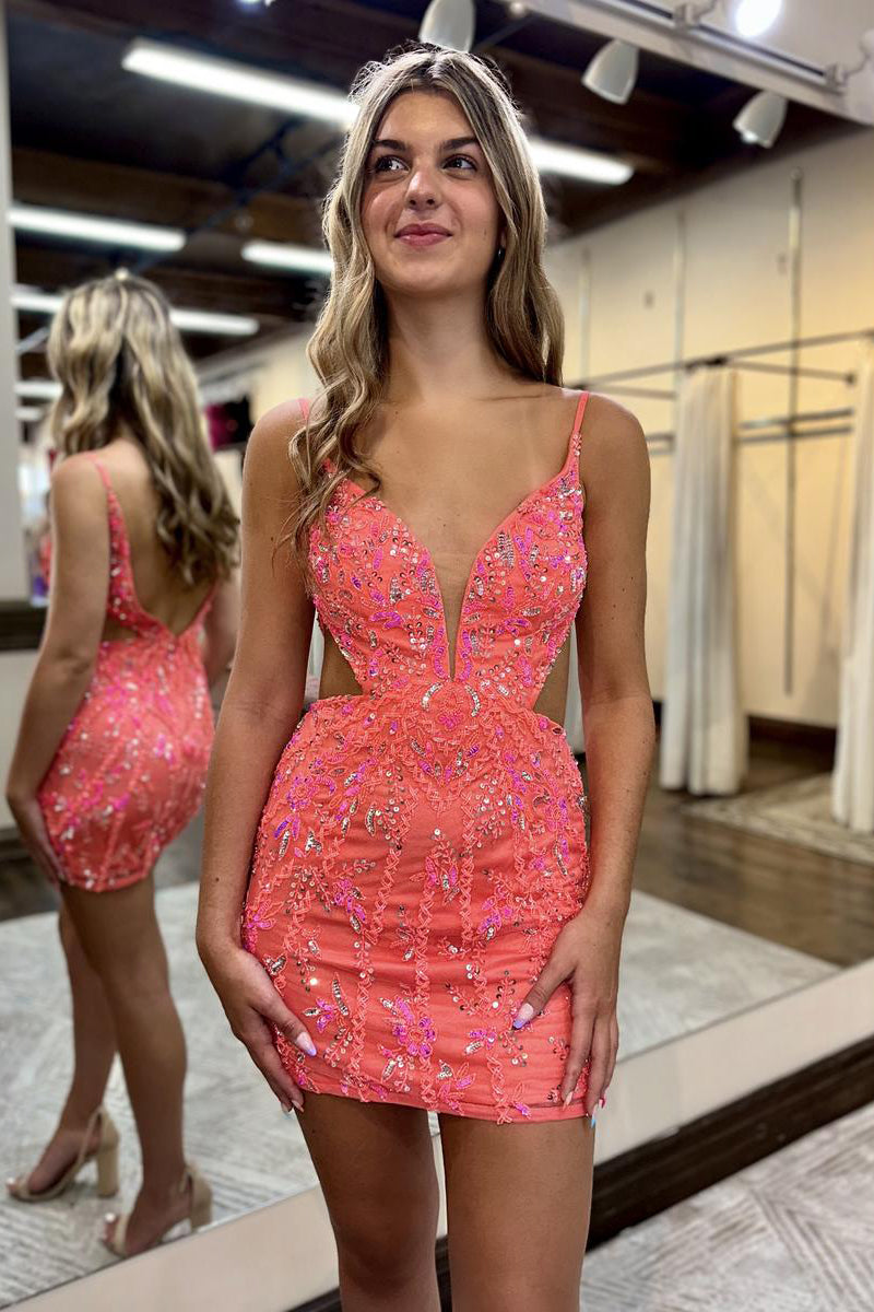 Sexy Deep V neck Embroidery Lace Short Homecoming Dress 2023 QH0832 US14 / As Pic Sexy Deep V neck Embroidery Lace Short Homecoming Dress 2023 QH0832 US14 / As Pic