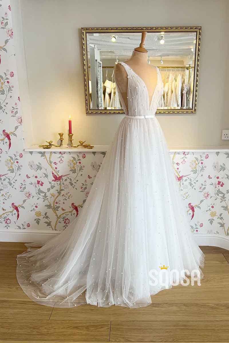 A Line Sexy V neck Pearls Elegant Wedding Dress QW2691 Custom Size / Ivory A Line Sexy V neck Pearls Elegant Wedding Dress QW2691 Custom Size / Ivory