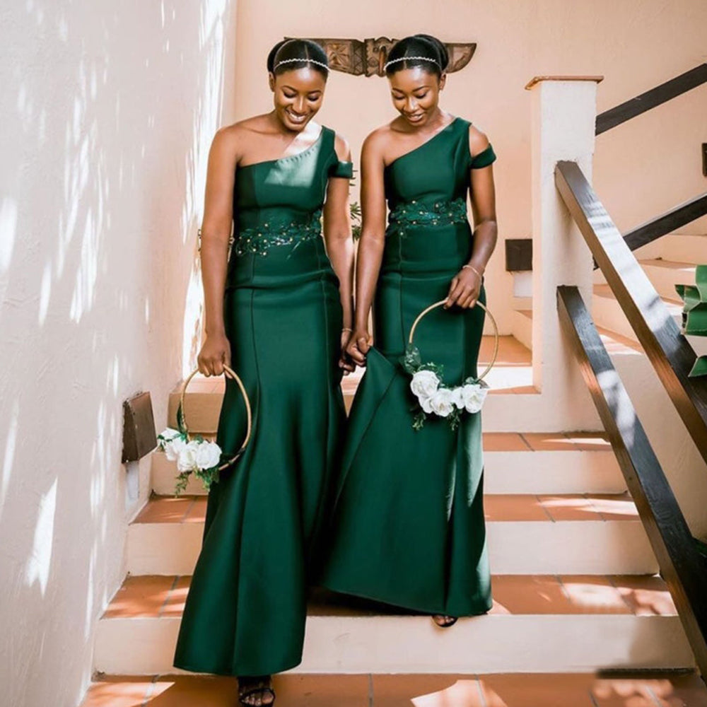 Unique One Shoulder Appliques Green Mermaid Bridesmaid Dress QB3105 US14 / Custom Color Unique One Shoulder Appliques Green Mermaid Bridesmaid Dress QB3105 US14 / Custom Color