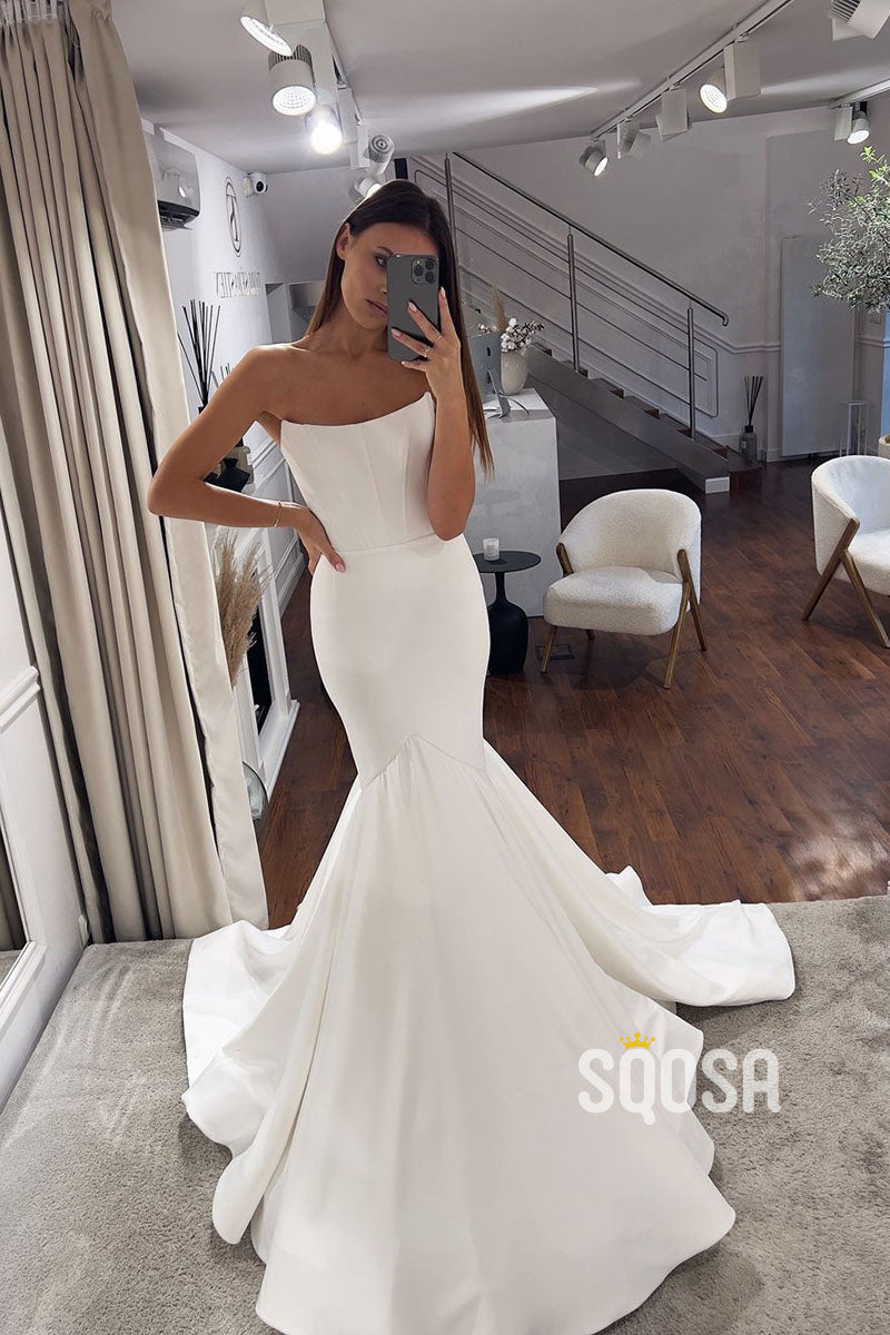 Simple Trumpet/Mermaid Strapless Satin Wedding Boho Dress Bridal Gowns QW8037 Simple Trumpet/Mermaid Strapless Satin Wedding Boho Dress Bridal Gowns QW8037