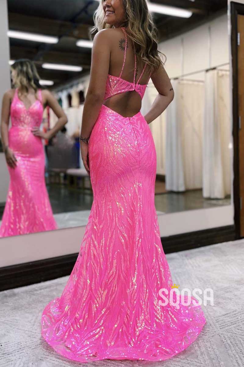 Sexy V-Neck Spaghetti Straps Sequined Appliques Trumpet Party Prom Evening Dress QP3457