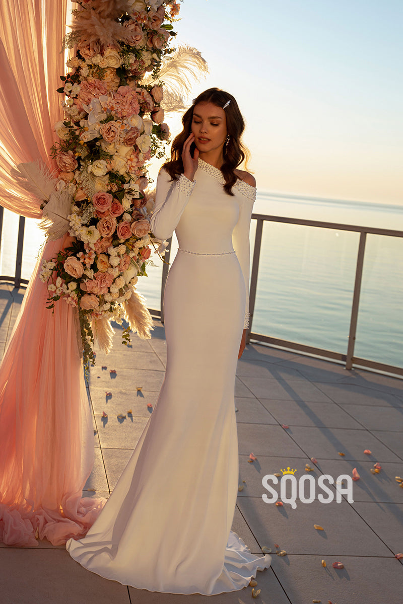 QW8027 - Sheath One Shoulder Beaded Long Sleeves Wedding Boho Dresses with Train US14 / Custom Color QW8027 - Sheath One Shoulder Beaded Long Sleeves Wedding Boho Dresses with Train US14 / Custom Color