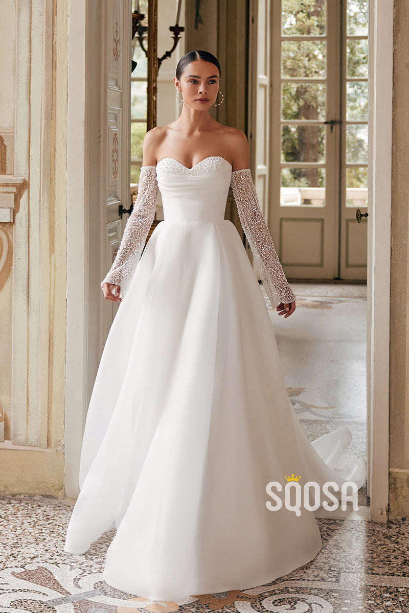 A-Line Strapless Pearls Casual Wedding Dress Bridal Gowns With Train QW8080 US10 / Custom Color A-Line Strapless Pearls Casual Wedding Dress Bridal Gowns With Train QW8080 US10 / Custom Color