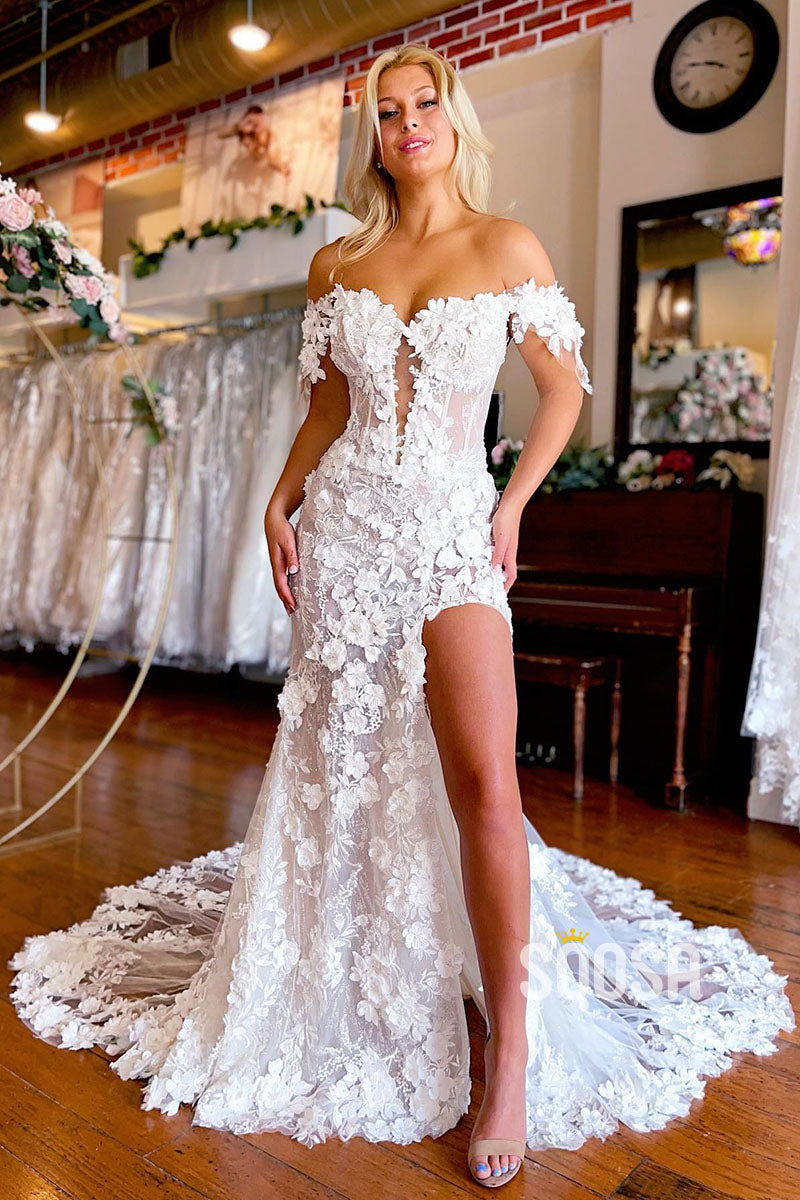 Illusion V-Neck 3D Lace Bohemian Wedding Dress with Slit QW2389 Custom Size / Custom Color Illusion V-Neck 3D Lace Bohemian Wedding Dress with Slit QW2389 Custom Size / Custom Color