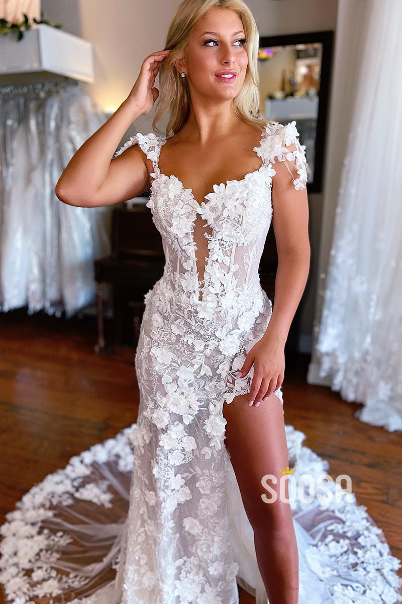 Illusion V-Neck 3D Lace Bohemian Wedding Dress with Slit QW2389