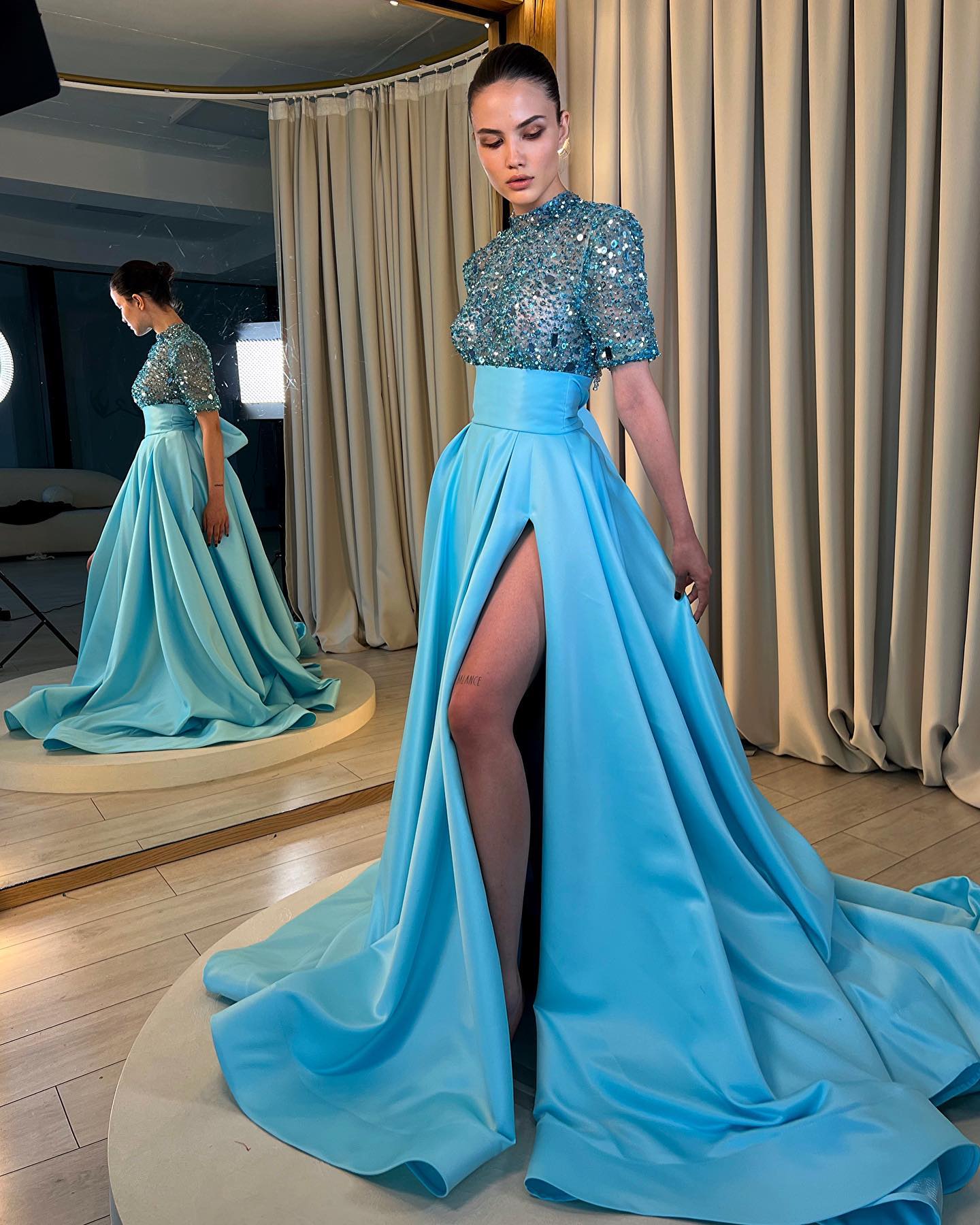 Unique High Neckline Beads Half Sleeves Sparkly Prom Dress with Slit QP1427 US8 / Blue Unique High Neckline Beads Half Sleeves Sparkly Prom Dress with Slit QP1427 US8 / Blue