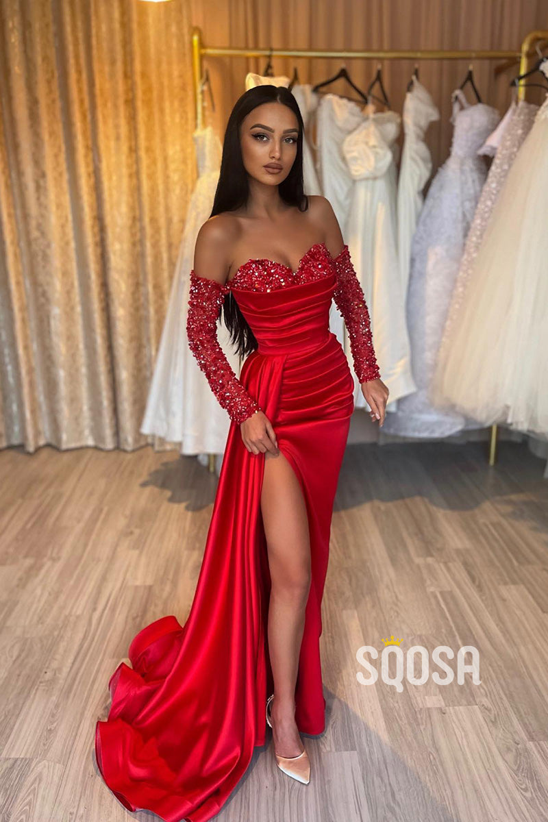 Sheath Sweetheart Sequins Long Sleeves Prom Formal Dress with Slit QP0962