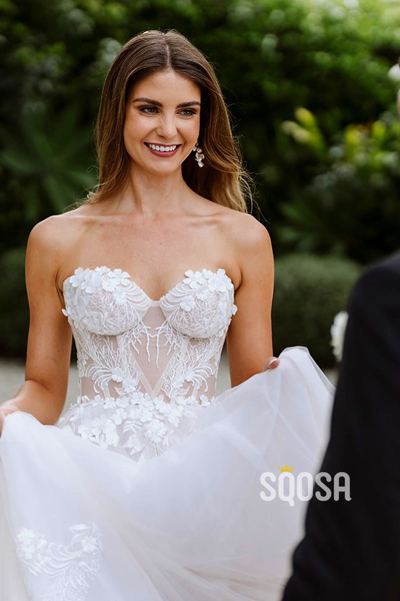 A line Sweetheart Lace Appliques Bohemian Wedding Dress Bridal Gown QW2267