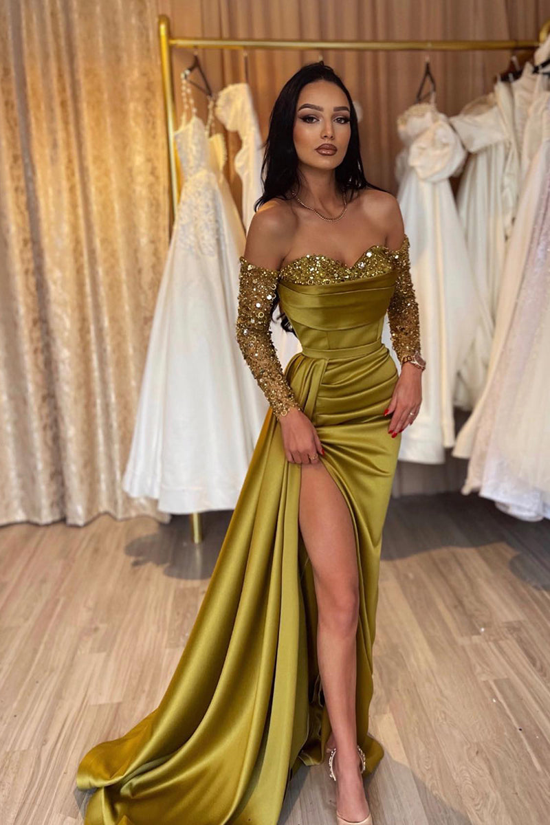 Sheath Sweetheart Long Sleeves Sequins Sparkly Prom Dress with Slit QP0923 US12 / Custom Color Sheath Sweetheart Long Sleeves Sequins Sparkly Prom Dress with Slit QP0923 US12 / Custom Color