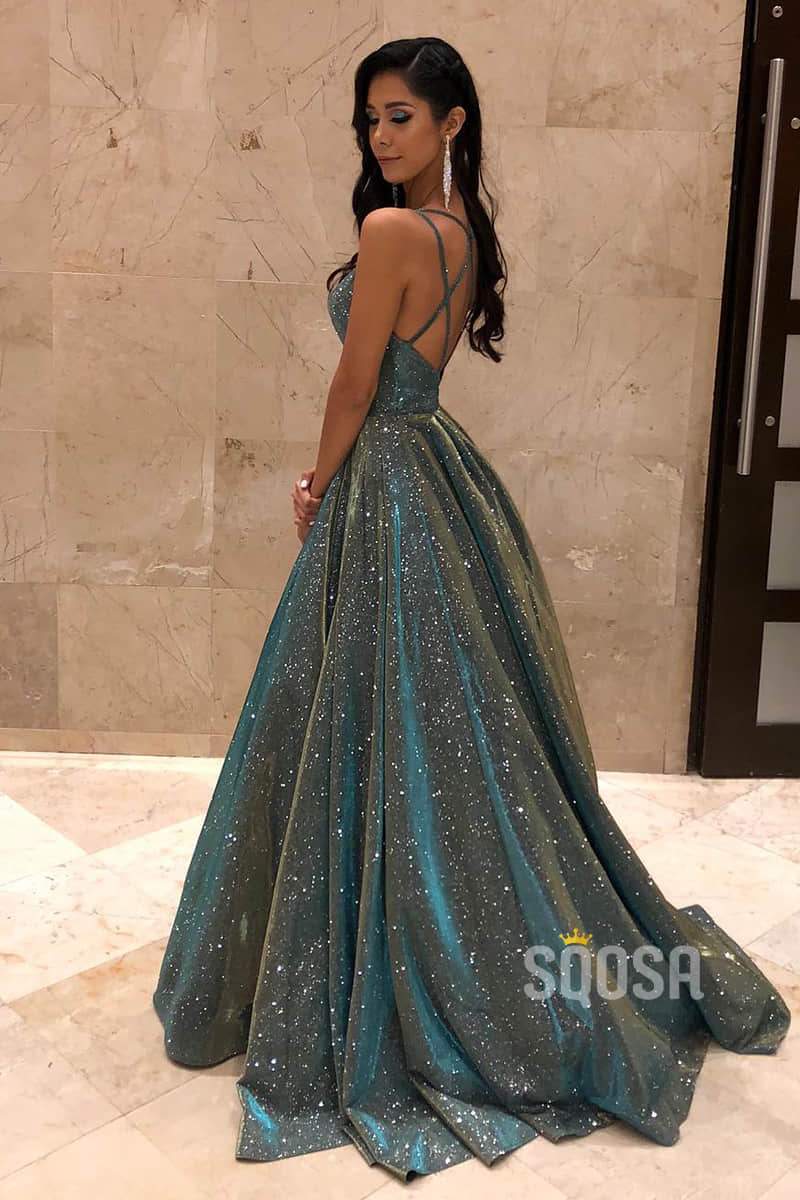 Spaghetti Straps V Neck A-Line Prom Dress Glitter Pargeant Dress QP0879 US14 / Green Spaghetti Straps V Neck A-Line Prom Dress Glitter Pargeant Dress QP0879 US14 / Green