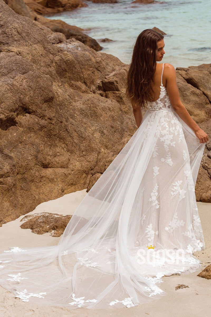 A-line V-neck Lace Appliques Long Sleeves Wedding Dress Bridal Gowns QW2083