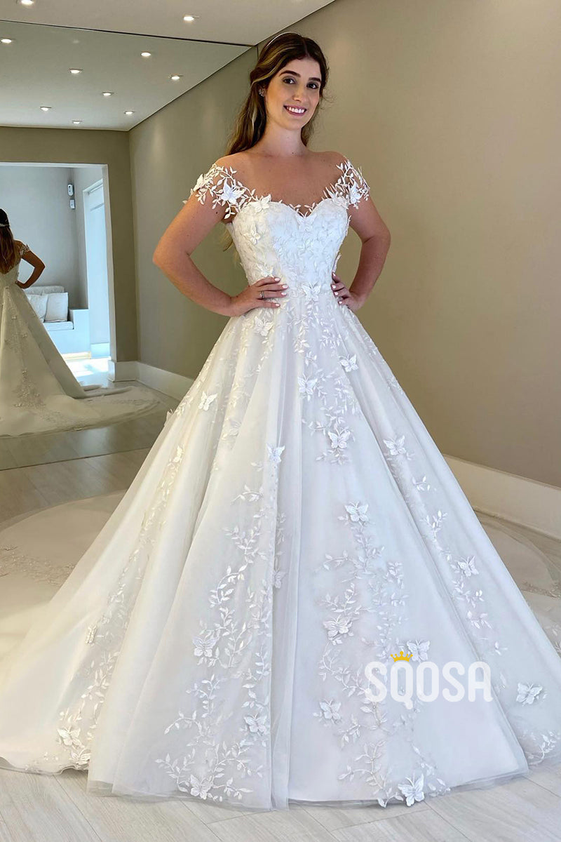 lace illusion cap sleeve ball gown wedding dress A-Line Wedding Dress Illusion Boat Neck & Cap Sleeves