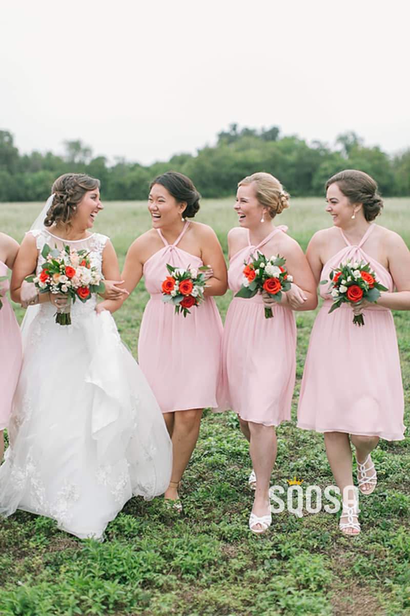 Chic Halter A-Line Pink Chiffon Cheap Short Bridesmaid Dress QB0822 Chic Halter A-Line Pink Chiffon Cheap Short Bridesmaid Dress QB0822