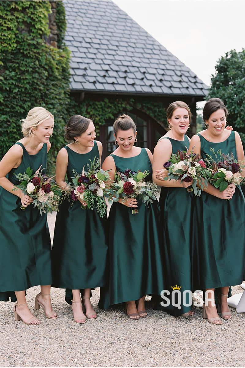Asymmetric Green Satin Scoop A-Line Cheap Long Bridesmaid Dress QB0824 SQOSA Asymmetric Green Satin Scoop A-Line Cheap Long Bridesmaid Dress QB0824 SQOSA