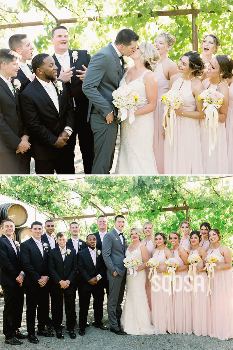 A-line Halter Pink Chiffon Long Bridesmaid Dress Floor Length QB2088