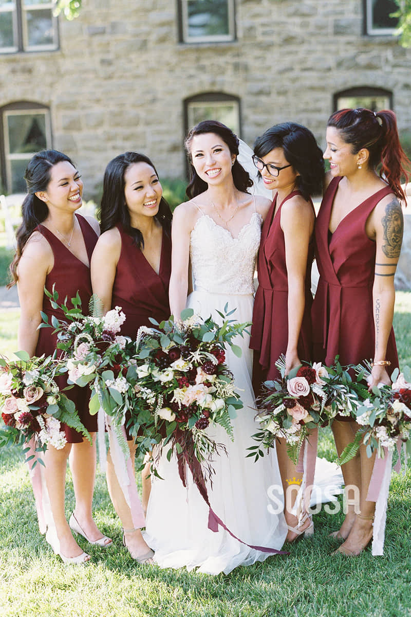 Maroon short hotsell bridesmaid dresses