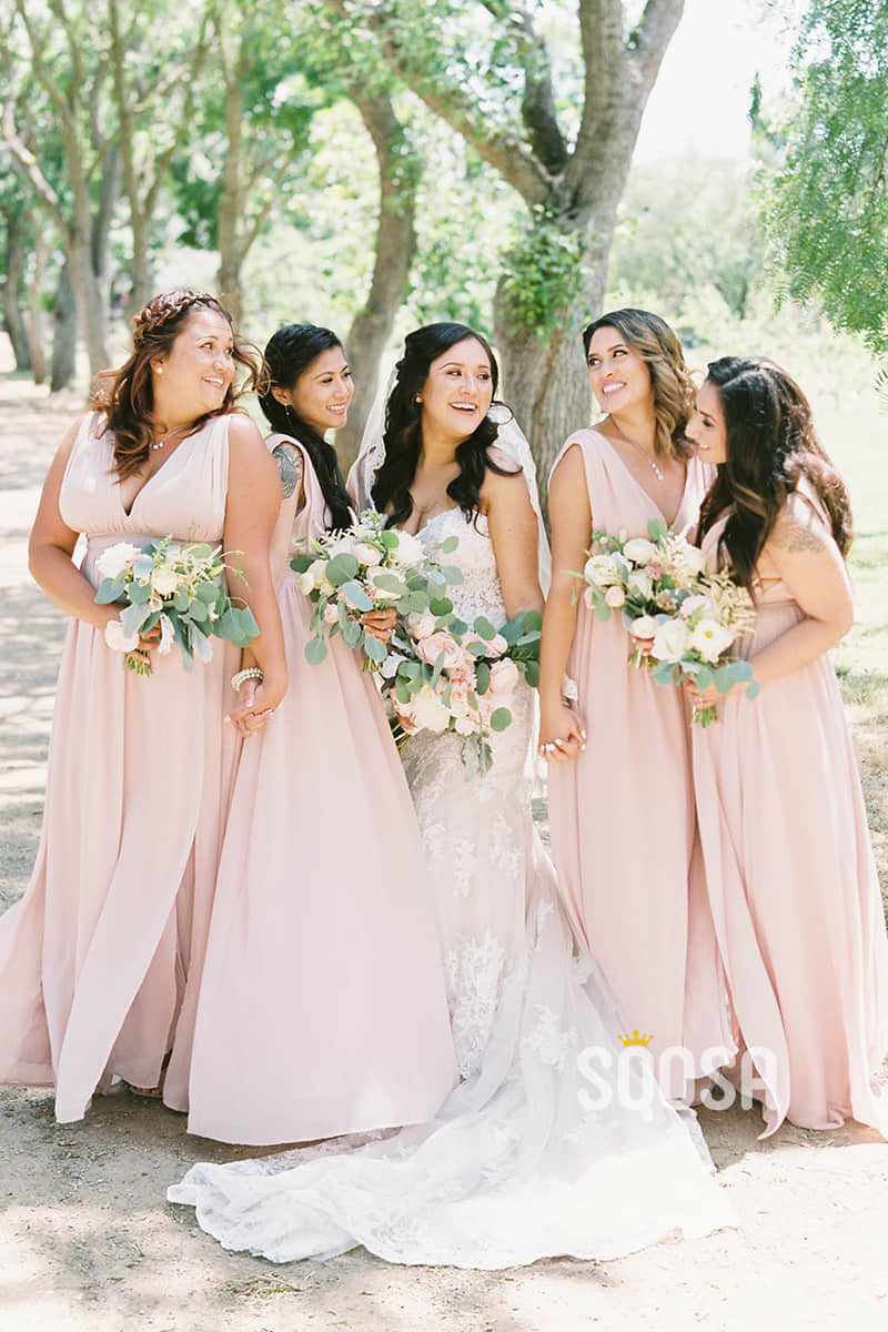 Plus Size Bridesmaid Dresses for Wedding Flowy Chiffon V-Neck