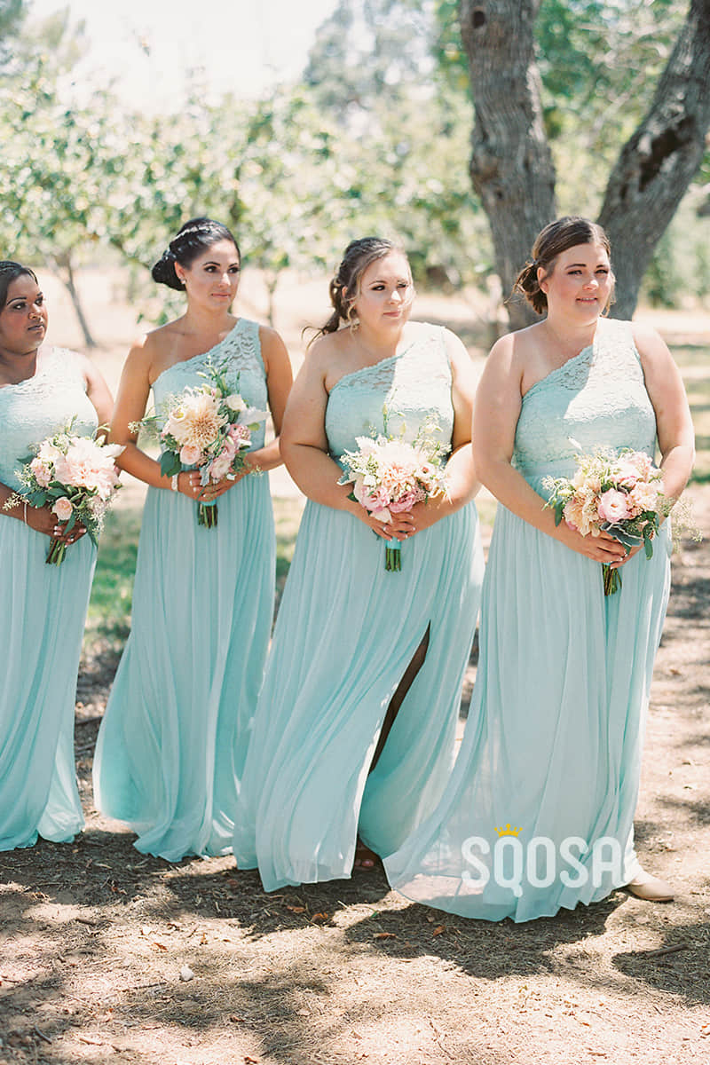 A-line One Shoulder Mint Green Long Bridesmaid Dress with Slit QB2096 A-line One Shoulder Mint Green Long Bridesmaid Dress with Slit QB2096