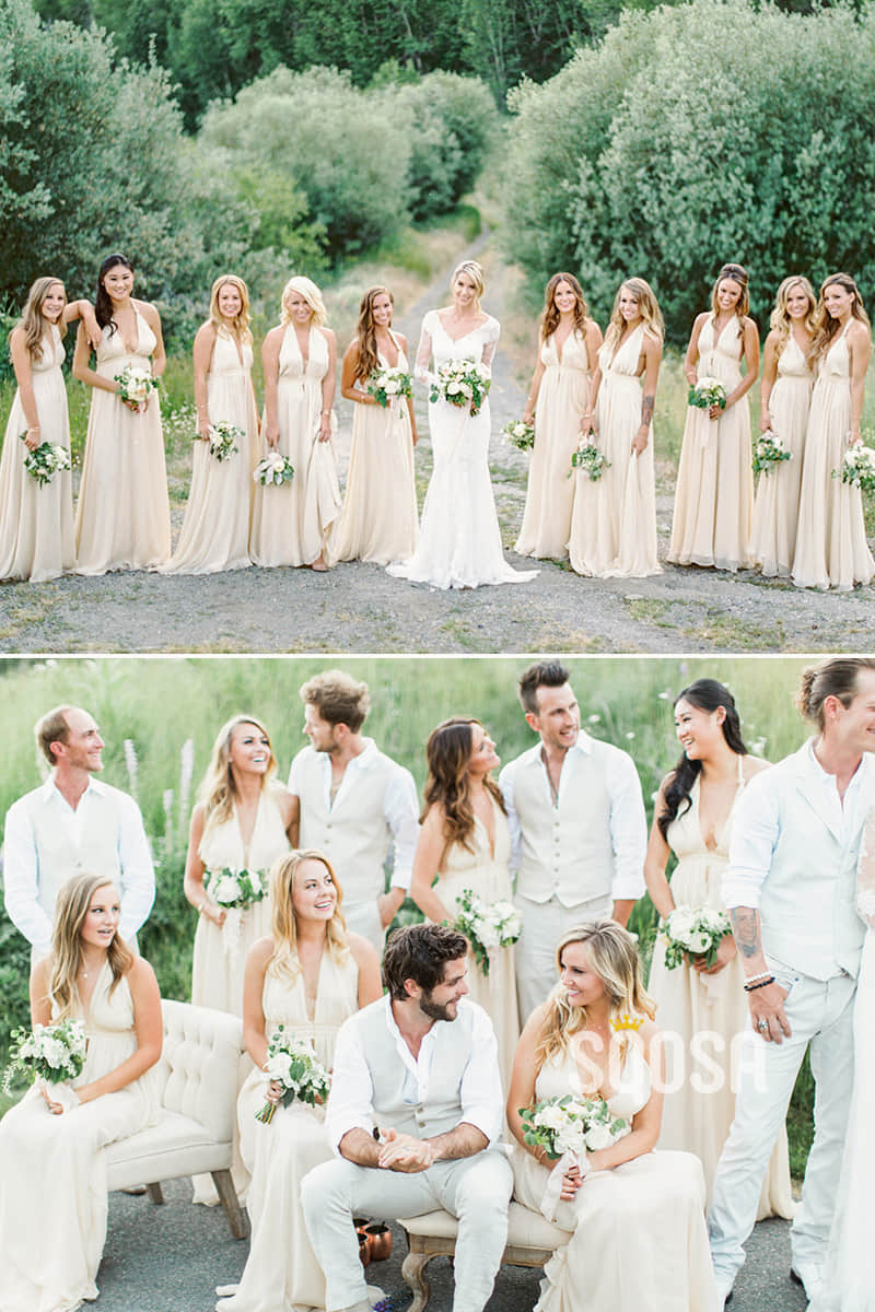 A-line Attractive V-neck Halter Long Bridesmaid Dress QB2082|SQOSA