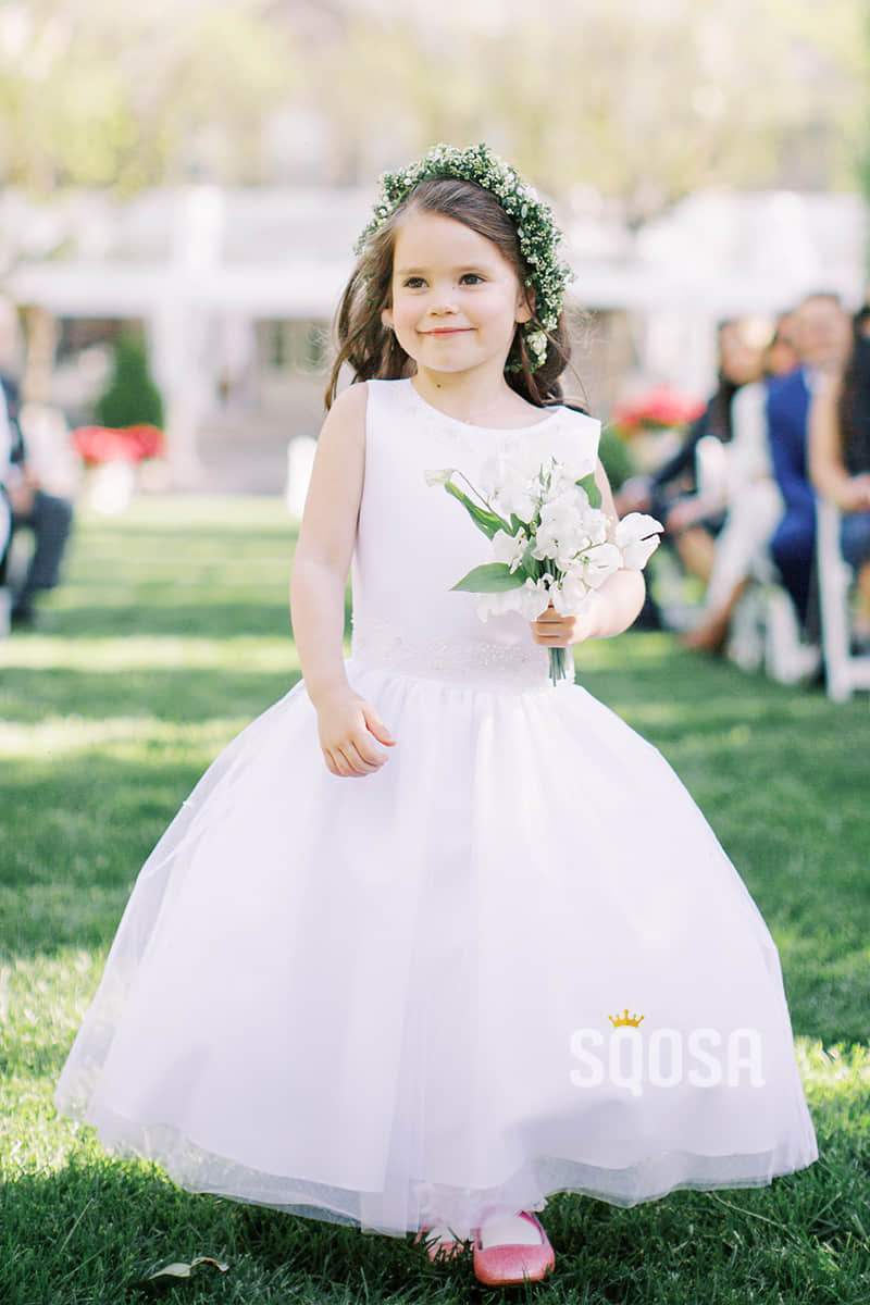 Round Neckline White Tulle A-Line Simple Flower Girl Dress QF0818 Round Neckline White Tulle A-Line Simple Flower Girl Dress QF0818