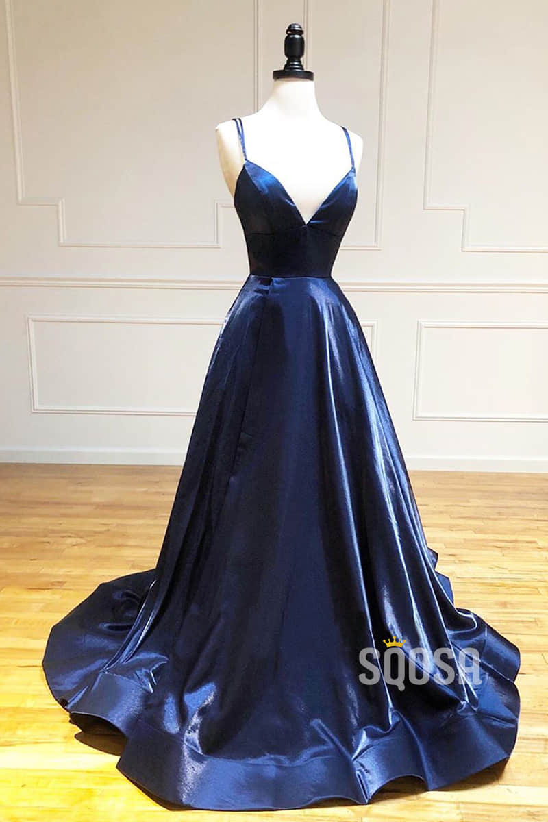 navy simple prom dress A-line Navy Prom Dress With Slit YESBABYONLINE