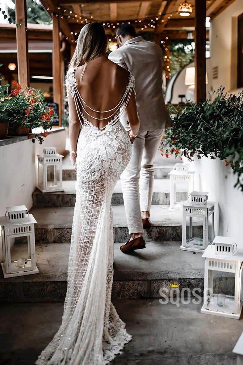 Unique Bateau Illusion Long Sleeve Luxury Lace Mermaid Wedding Dress B –  SQOSA