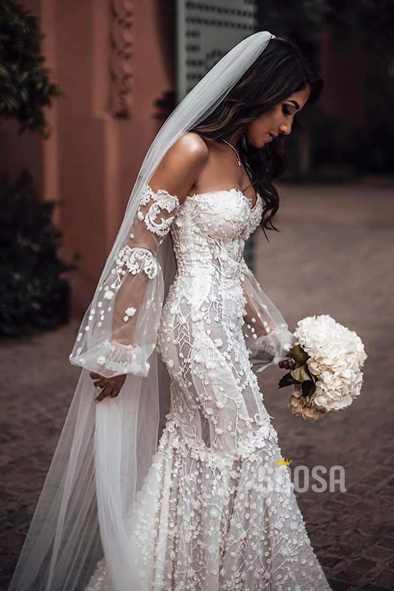 Luxury Lace Mermaid Wedding Dress Off-the-Shoulder Illusion Long Sleeve Bridal Gowns QW0831 Luxury Lace Mermaid Wedding Dress Off-the-Shoulder Illusion Long Sleeve Bridal Gowns QW0831