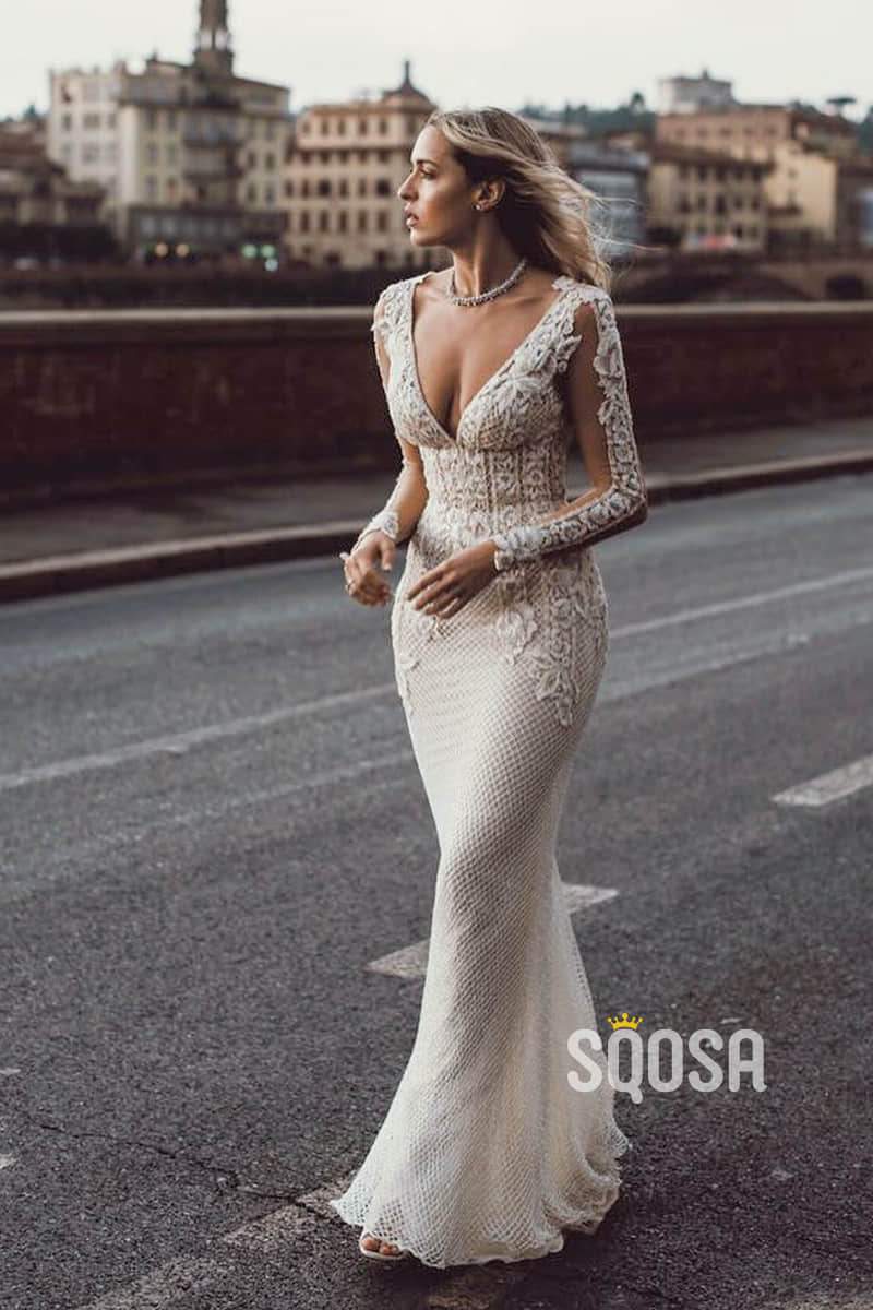 Attractive Deep V-Neck Illusion Long Sleeve Appliques Lace Mermaid Wedding Dress QW0882 US8 / Custom Color Attractive Deep V-Neck Illusion Long Sleeve Appliques Lace Mermaid Wedding Dress QW0882 US8 / Custom Color