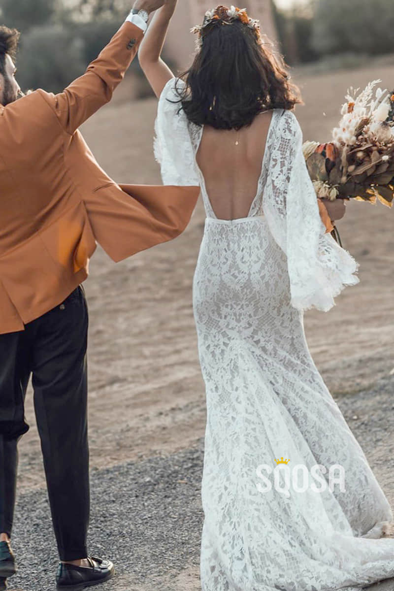 Lace Mermaid Deep V-Neck Backless Long Sleeves Backless Wedding