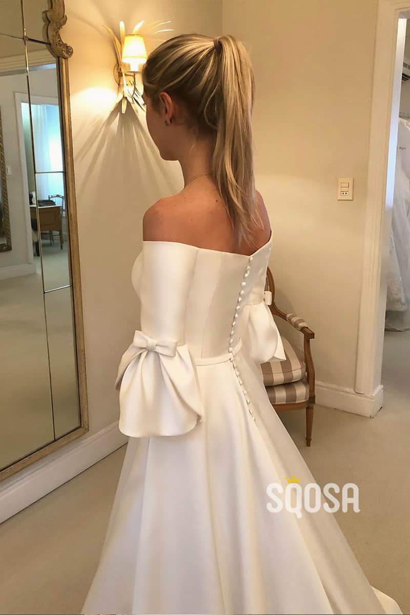A-line Off-the-Shoulder Ivory Satin Simple Wedding Dress with Pockets QW0940|SQOSA