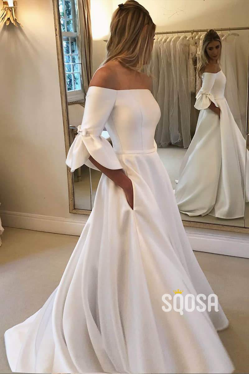 A-line Off-the-Shoulder Ivory Satin Simple Wedding Dress with Pockets QW0940 US6 / Ivory A-line Off-the-Shoulder Ivory Satin Simple Wedding Dress with Pockets QW0940 US6 / Ivory