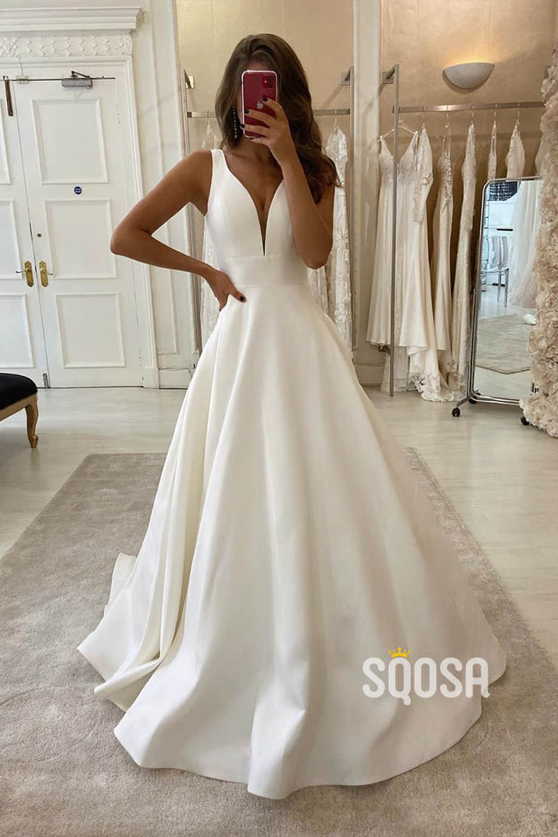 A-Line V-neck Ivory Satin Simple Wedding Dress Backless Bridal Gowns Q SQOSA A-Line V-neck Ivory Satin Simple Wedding Dress Backless Bridal Gowns Q SQOSA