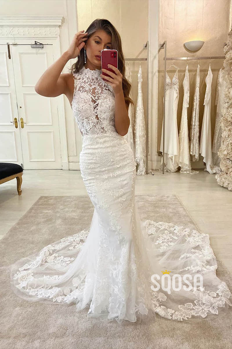 Mermaid Long Sleeve Wedding Dresses with Court Train Sexy Backless